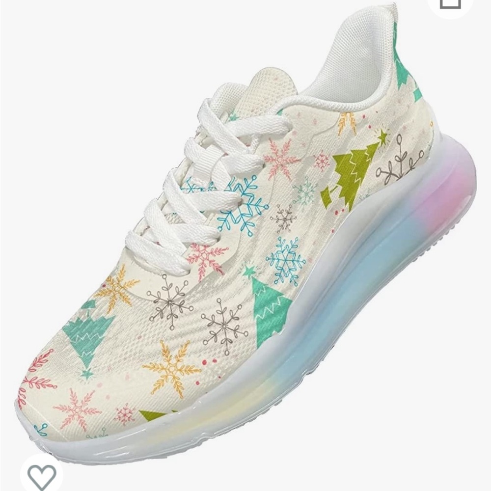 New womens cream colored Snowflake and Christmas tree athletic shoes